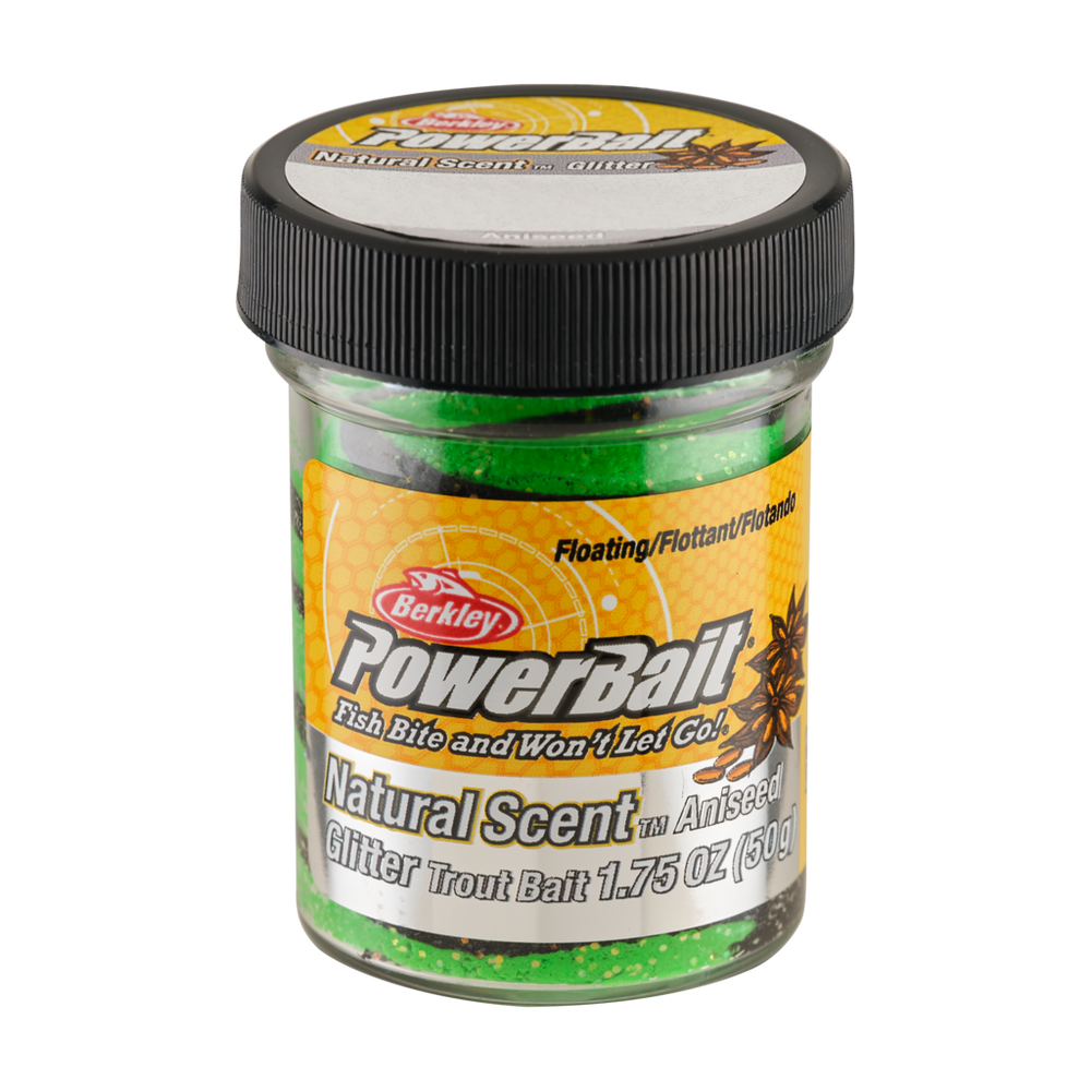 PowerBait Natural Scent Glitter Trout Bait - Aniseed/Spring Green/Black | Irresistible Floating Dough for Trout Fishing
