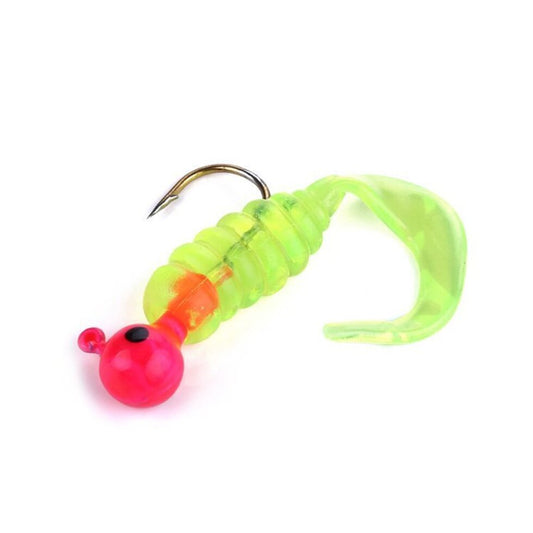 RubberBaits 1.8" Twister Tail Rigged Grub Soft Bait (7 pack) - Green w/ Red Head | Pre-Rigged Soft Baits for Easy Fishing