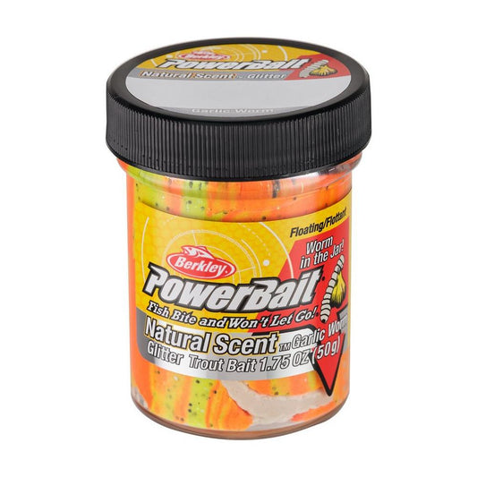 PowerBait Natural Scent Glitter Trout Bait - Garlic & Worm/Tequilla Fire | Enhanced Scent & Flavor for Trophy Trout